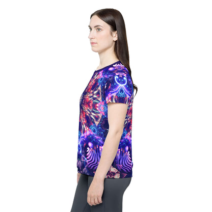 Women's sport tee in the Flow State psychedelic all-over print design, shown from above.