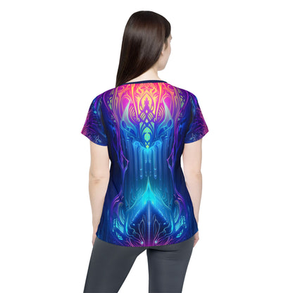 Overhead view of the Midnight Spell women's sport tee laid flat.
