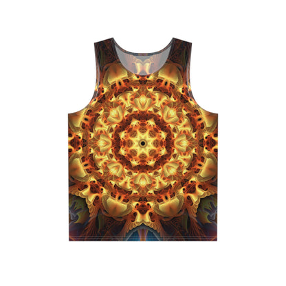 Front flat lay of the 'Totem Sun' men's tank top showing the psychedelic all-over print.