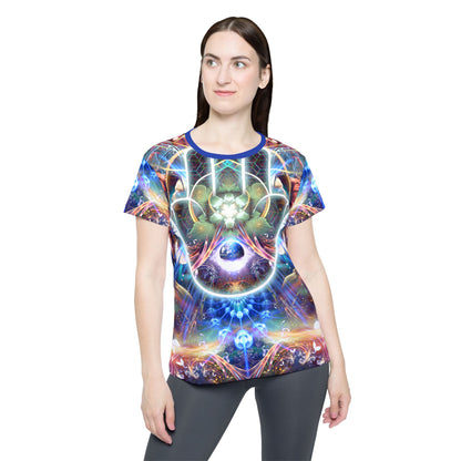 Women's sport tee in the Divine Protection psychedelic all-over print design, angled view.