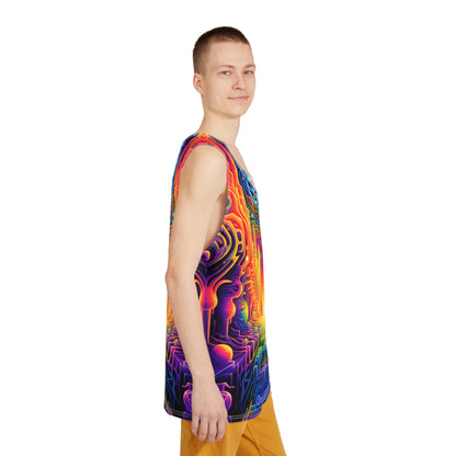 Corner detail of the psychedelic print on the 'DMTron' men's tank top.
