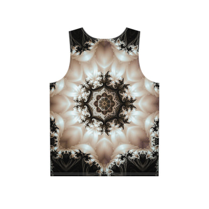 Close-up of the print detail on the 'Duality' men's tank top.