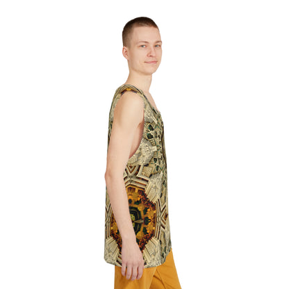 Men's tank top with the 'Mayan Web' print shown from above.