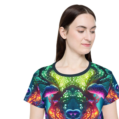 Folded view of the women's sport tee printed with the Fungal Abyss design.