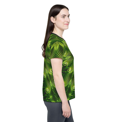 Close-up of the fabric texture on the "Green Lattice" print women's sport tee.