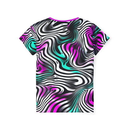Angled view of the Can't Catch This women's sport tee showing the all-over print.