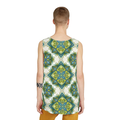 Angled view of the Porcelain Bloom men's tank top on a plain background.