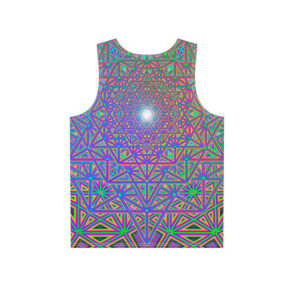 Angled view of the Flower of Tron men's tank top on a hanger.