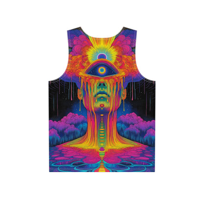 Close-up of the See The Truth print on the men's tank top fabric.