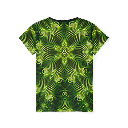 Close-up of the "Green Lattice" print on the women's sport tee fabric.