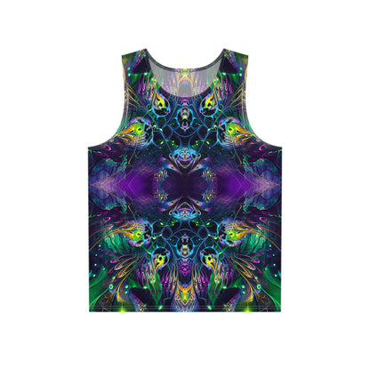Front view of the 'Awakened' men's tank top laid flat, showing the full all-over print design.