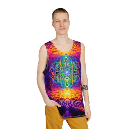 Angled view of the Focused Thought men's tank top on a hanger.
