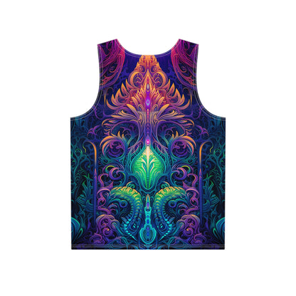 Back view of the 'Belladonna' men's tank top laid flat, showing the print continuing across the fabric.