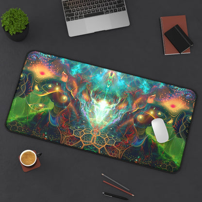 The To Tree or Not to Tree Bottom Section desk mat laid on a desk beside a keyboard and mouse.