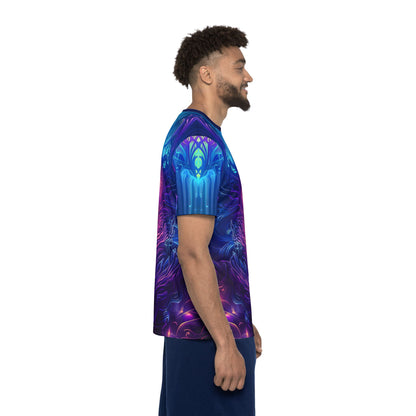 Corner detail of the Midnight Spell P2 print near the hem of the sport tee.