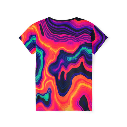 Women's sport tee in the Drizzle psychedelic all-over print design, close-up of the print.