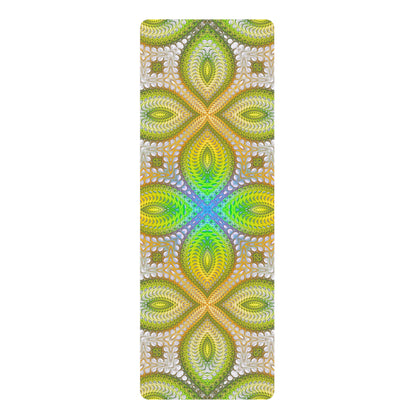 Photo of the Activation Initiated yoga mat, showing the edge to edge psychedelic print.
