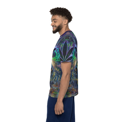Close-up of the fabric texture on the "Heightened Stroll" print men's sport tee.