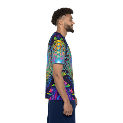 Close-up of the fabric texture on the Maze of Life Flip men's sport tee.