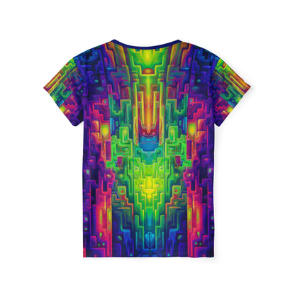 'Galaga' sport tee for women, back view showing the print continuing across the back.