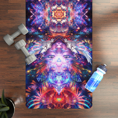 The 'Lapis Philosophorum V2' yoga mat laid flat next to dumbbells and a water bottle.