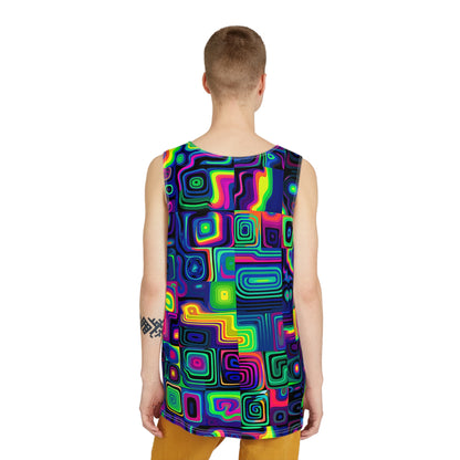 Detail of the Purple Delusion graphic on a men's tank top