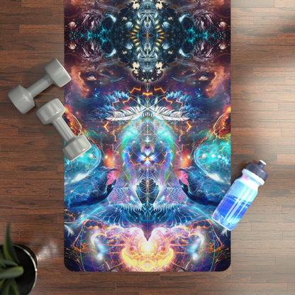 Soul Seeker V2 yoga mat on a wood floor styled with dumbbells, a water bottle, and a potted plant.