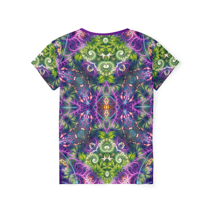 Women's sport tee in the Emergence Pattern psychedelic all-over print design, close-up of the print.