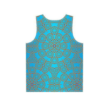 Close-up of the Loco Motion graphic printed on the tank top fabric.