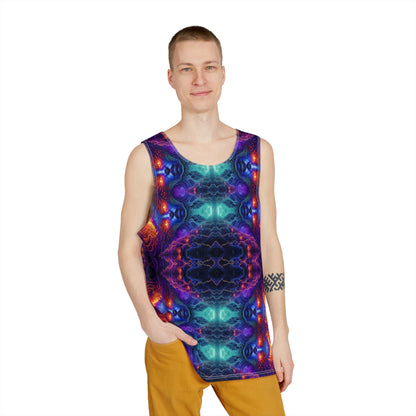 Close-up of the Lilith's Fractal artwork detail on a men's tank top.