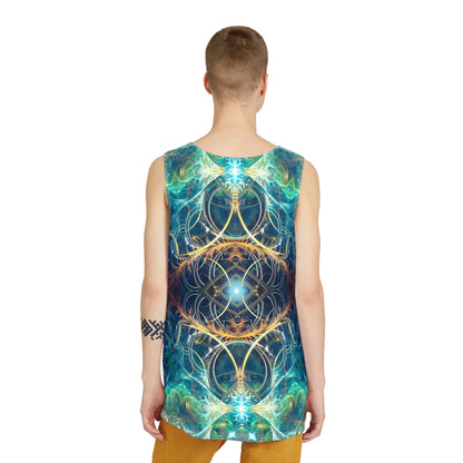 Corner detail of a men's tank top with the 'Blossom Flip' artwork.