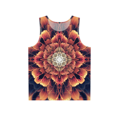 Close-up detail of the 'Mandala Bloom' psychedelic print on this men's tank top.