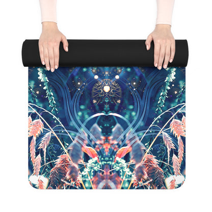 The Solitude yoga mat unrolled on a hardwood floor.