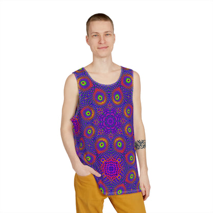 Close up of the Honeycore Matrix print detail on the tank top fabric.