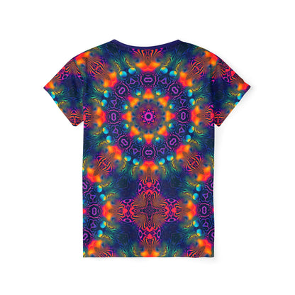 Angled view of the Cosmic Fingerprint V3 women's sport tee showing the all-over print.