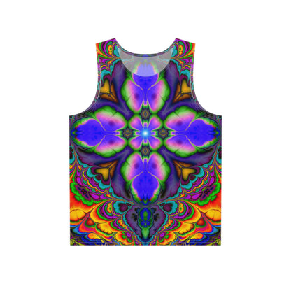 The Stillpoint men's tank top laid flat, showing the full psychedelic print design.
