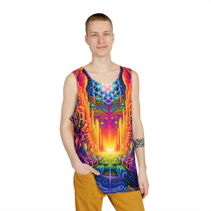 Angled view of the 'DMTron' men's tank top highlighting the print colors.