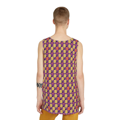 Detail of the Purple Melting Smiley graphic on a men's tank top
