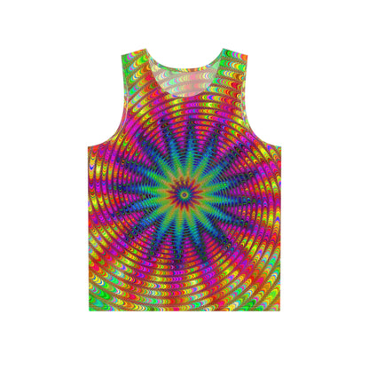 Front flat lay of the 'Tie Dye Burst' men's tank top showing the psychedelic all-over print.