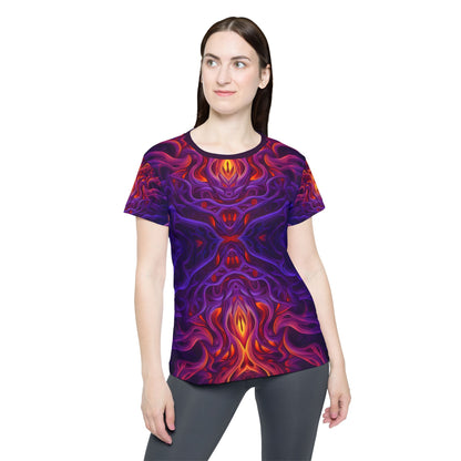 Close-up of the print detail on the "Lilith's Gate V2" sport tee, showing color and line clarity.