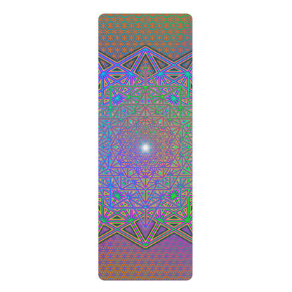 Flower of Tron yoga mat with an edge-to-edge neon flower print, suede top facing up.