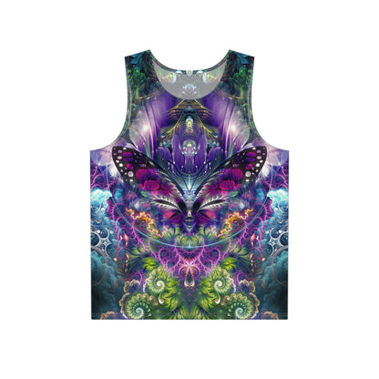 Flat lay of the 'Emergence' men's tank top showing the full psychedelic print.
