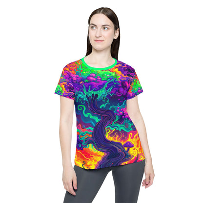 Close up of the Mush Tree So Color print detail on the sport tee fabric.