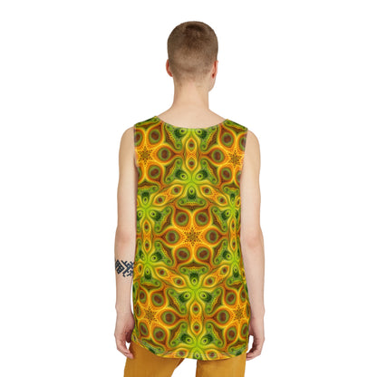 Corner detail of the Sun Lattice men's tank top print and fabric.