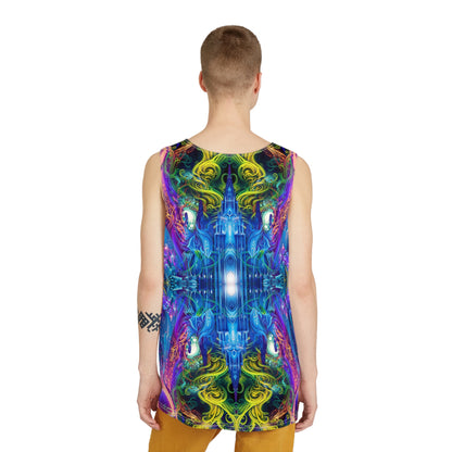 Corner detail of a men's tank top with the 'The Sacred Vine Flip' artwork.