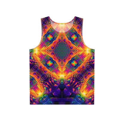 DMsTar men's tank top laid flat, showing the sacred geometry print across the front.