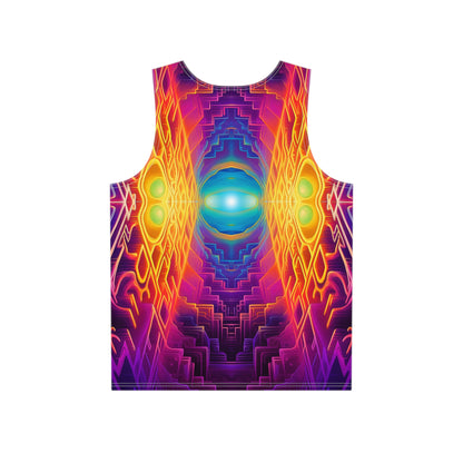 Angled view of the 'Maze of Life V3' all-over print covering this men's tank top.