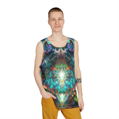 Close-up of the 'To Tree or Not To Tree' print detail on the men's tank top fabric.