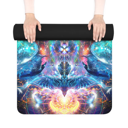 Hands rolling up the Soul Seeker V2 yoga mat, revealing its anti-slip rubber underside and colorful edge print.