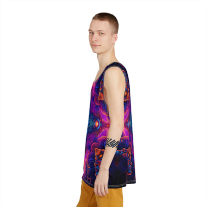 Styled shot of a men's tank top printed with The Watchers Square design.